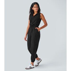 Halara Sleeveless Black Utility Jumpsuit With Button-Front & Drawstring Waist